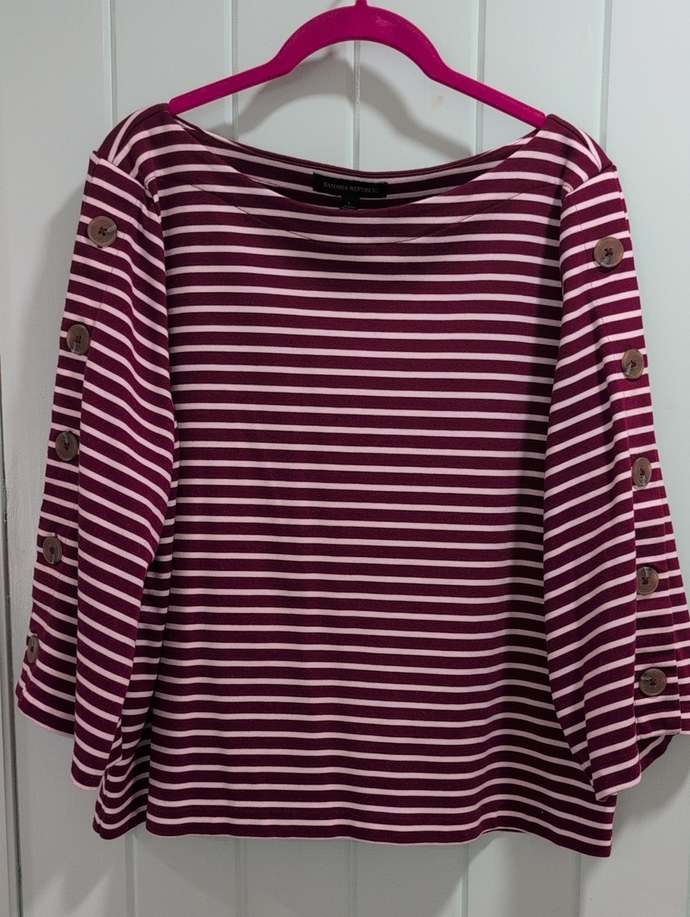 Banana Republic Burgundy and White Striped Long Sleeve Boatneck Top Size L